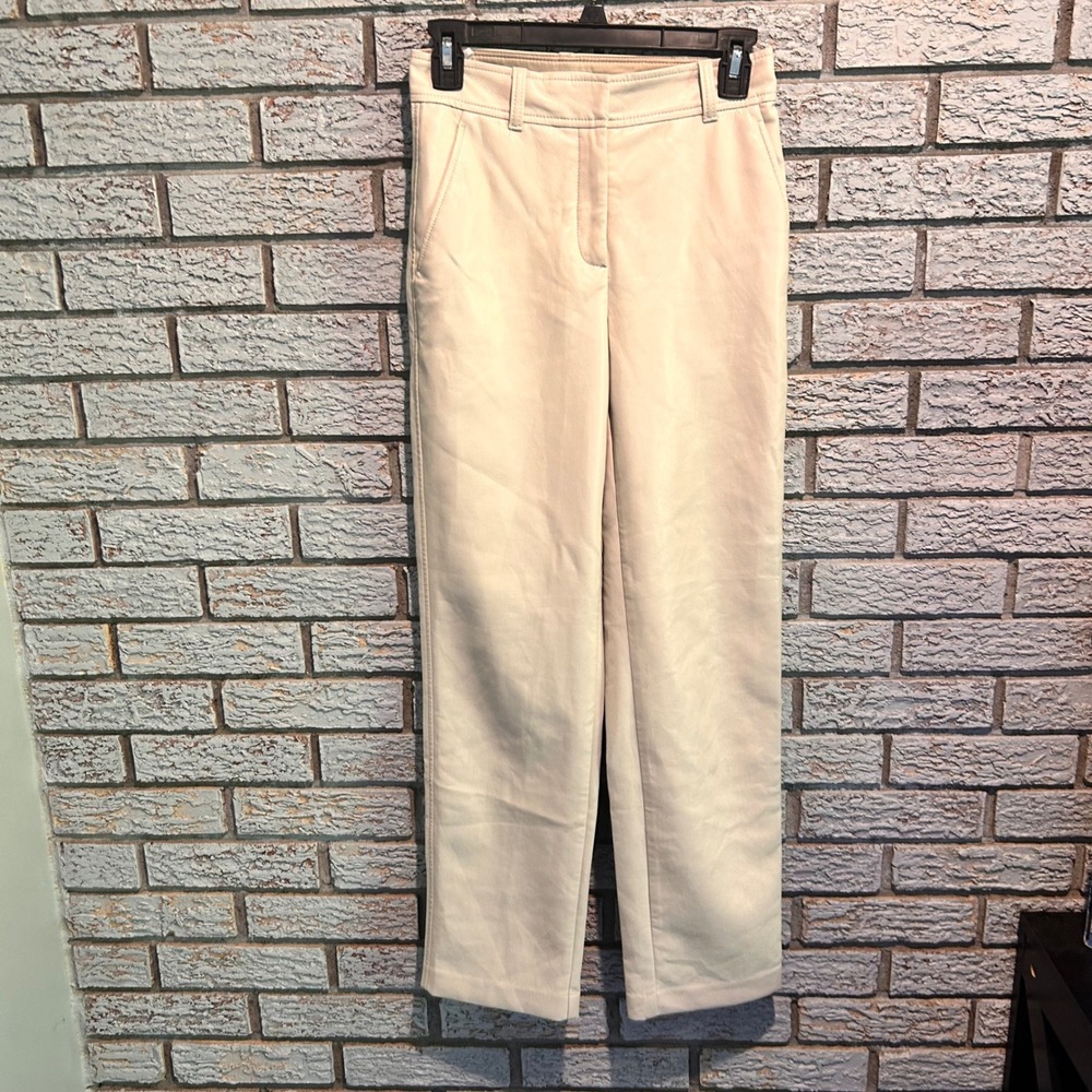 Babaton Aritzia Command Vegan Leather Pants Cream Straight Leg High Rise Size 0